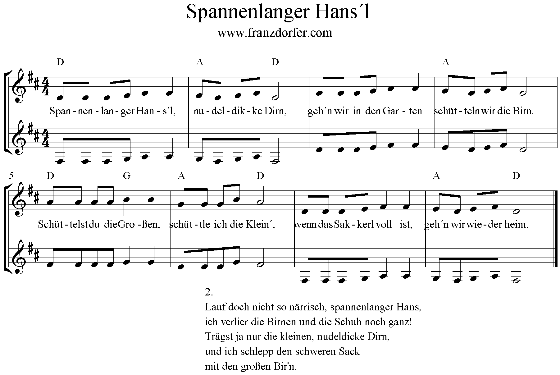 Spannenlanger Hansl ,Noten D-Dur, 2stimmig